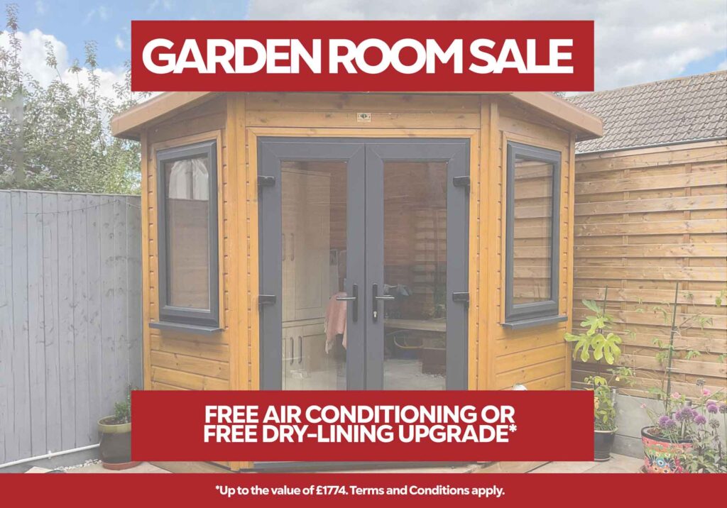 A corner garden room with the caption "garden room sale" overlaying it.